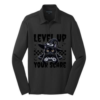 Funny Gamer Cat For Video Game Lovers Halloween Gaming Great Gift Silk Touch Performance Long Sleeve Polo