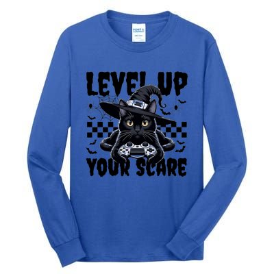 Funny Gamer Cat For Video Game Lovers Halloween Gaming Great Gift Tall Long Sleeve T-Shirt