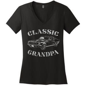 Funny Grandpa Classic Car Graphic Women's V-Neck T-Shirt