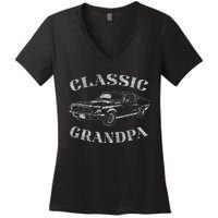 Funny Grandpa Classic Car Graphic Women's V-Neck T-Shirt