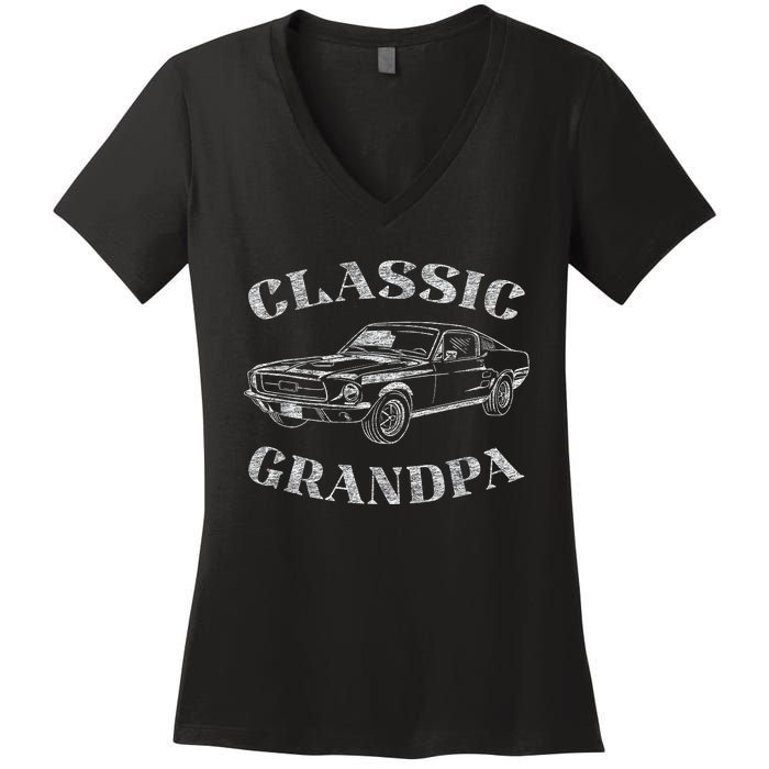 Funny Grandpa Classic Car Graphic Women's V-Neck T-Shirt