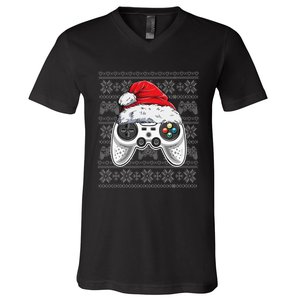 Funny Gamer Controller Gaming Gift Boys Christmas Santa Hat V-Neck T-Shirt