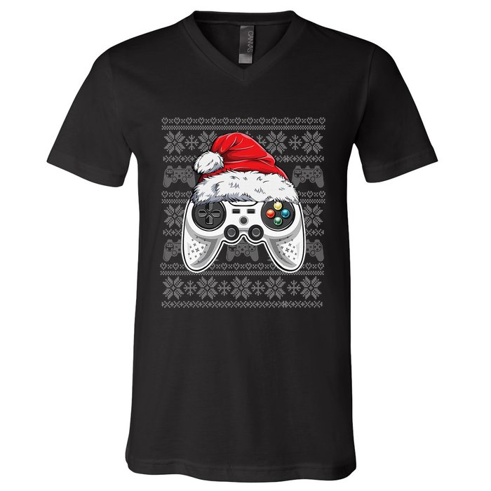 Funny Gamer Controller Gaming Gift Boys Christmas Santa Hat V-Neck T-Shirt