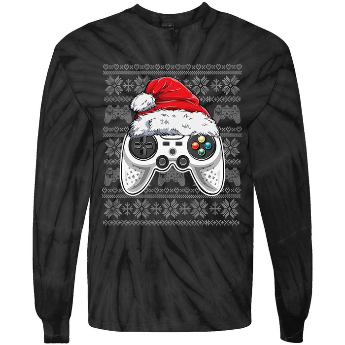 Funny Gamer Controller Gaming Gift Boys Christmas Santa Hat Tie-Dye Long Sleeve Shirt