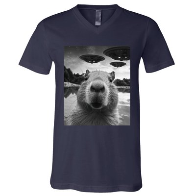 Funny Graphic Capybara Selfie With Ufos Weird V-Neck T-Shirt