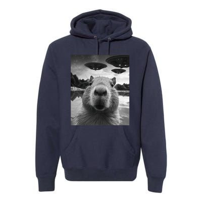 Funny Graphic Capybara Selfie With Ufos Weird Premium Hoodie