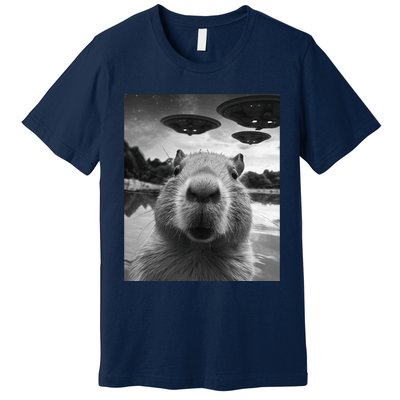 Funny Graphic Capybara Selfie With Ufos Weird Premium T-Shirt