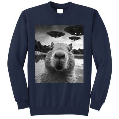 Funny Graphic Capybara Selfie With Ufos Weird Tall Sweatshirt