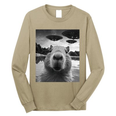 Funny Graphic Capybara Selfie With Ufos Weird Long Sleeve Shirt