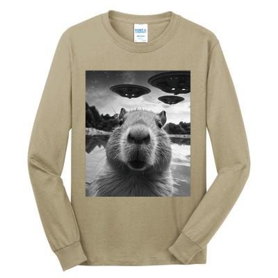 Funny Graphic Capybara Selfie With Ufos Weird Tall Long Sleeve T-Shirt