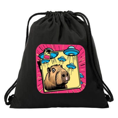 Funny Graphic Capybara Selfie With Ufos Weird Drawstring Bag