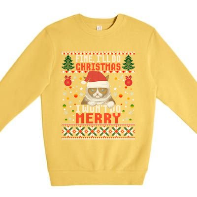 Funny Grumpy Christmas Cat Pun Joke Ugly Xmas Sweater Gift Premium Crewneck Sweatshirt