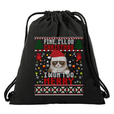Funny Grumpy Christmas Cat Pun Joke Ugly Xmas Sweater Gift Drawstring Bag