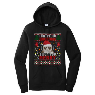 Funny Grumpy Christmas Cat Pun Joke Ugly Xmas Sweater Gift Women's Pullover Hoodie