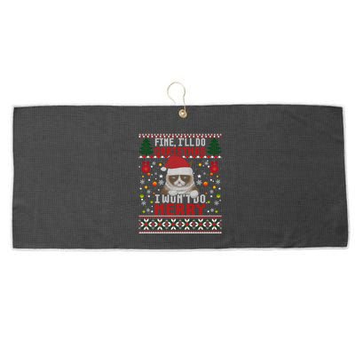 Funny Grumpy Christmas Cat Pun Joke Ugly Xmas Sweater Gift Large Microfiber Waffle Golf Towel