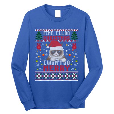 Funny Grumpy Christmas Cat Pun Joke Ugly Xmas Sweater Gift Long Sleeve Shirt