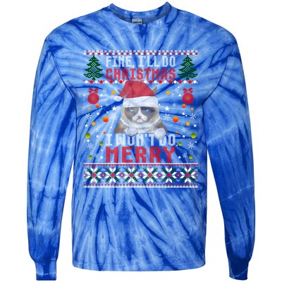 Funny Grumpy Christmas Cat Pun Joke Ugly Xmas Sweater Gift Tie-Dye Long Sleeve Shirt