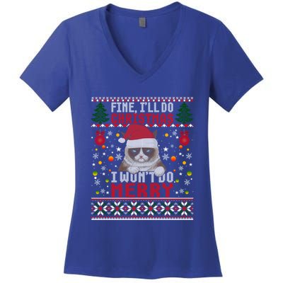 Funny Grumpy Christmas Cat Pun Joke Ugly Xmas Sweater Gift Women's V-Neck T-Shirt