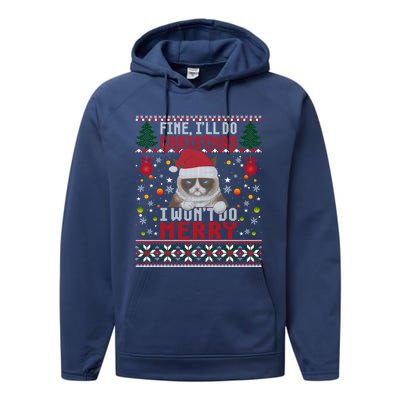 Funny Grumpy Christmas Cat Pun Joke Ugly Xmas Sweater Gift Performance Fleece Hoodie