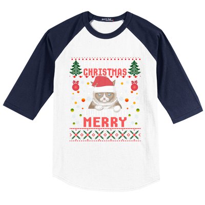 Funny Grumpy Christmas Cat Pun Joke Ugly Xmas Sweater Gift Baseball Sleeve Shirt