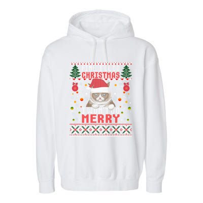 Funny Grumpy Christmas Cat Pun Joke Ugly Xmas Sweater Gift Garment-Dyed Fleece Hoodie