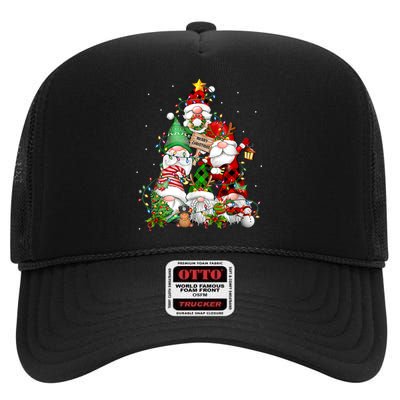 Funny Gnomies Christmas Tree Lights Cute Gnome Merry Xmas Pj High Crown Mesh Back Trucker Hat