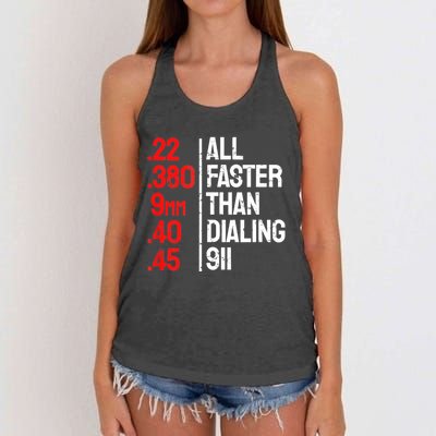 Funny Gun Caliber All Faster Than Dialing 911 Guns Women's Knotted Racerback Tank