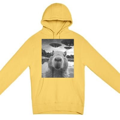 Funny Graphic Capybara Selfie With Ufos Weird Premium Pullover Hoodie