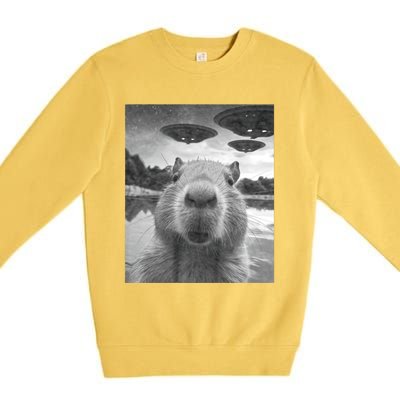 Funny Graphic Capybara Selfie With Ufos Weird Premium Crewneck Sweatshirt