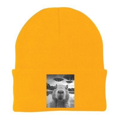 Funny Graphic Capybara Selfie With Ufos Weird Knit Cap Winter Beanie