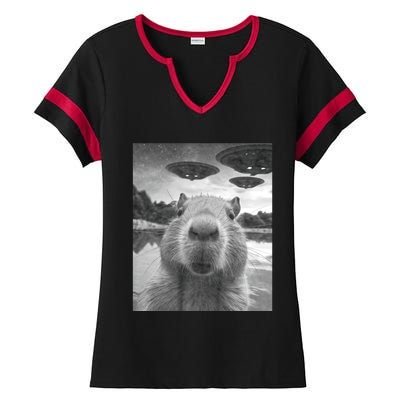 Funny Graphic Capybara Selfie With Ufos Weird Ladies Halftime Notch Neck Tee