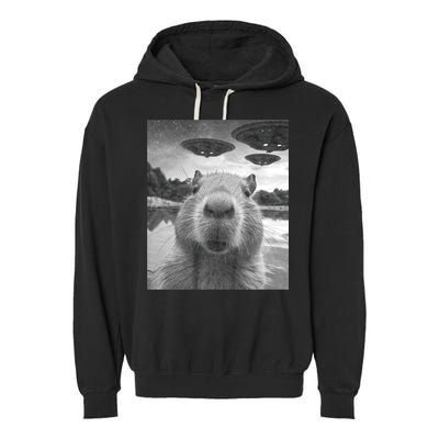 Funny Graphic Capybara Selfie With Ufos Weird Garment-Dyed Fleece Hoodie