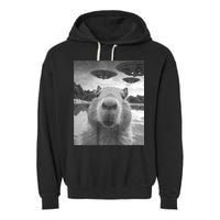 Funny Graphic Capybara Selfie With Ufos Weird Garment-Dyed Fleece Hoodie