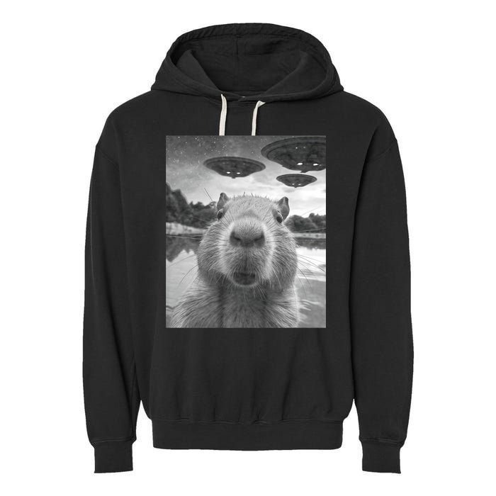 Funny Graphic Capybara Selfie With Ufos Weird Garment-Dyed Fleece Hoodie