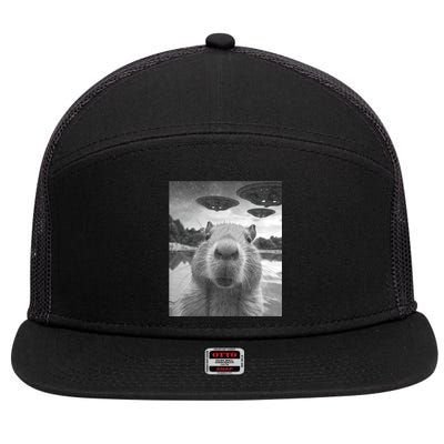 Funny Graphic Capybara Selfie With Ufos Weird 7 Panel Mesh Trucker Snapback Hat