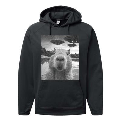 Funny Graphic Capybara Selfie With Ufos Weird Performance Fleece Hoodie