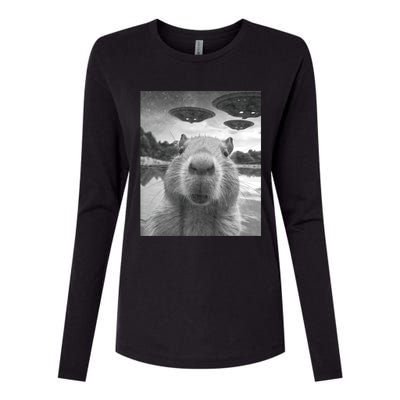 Funny Graphic Capybara Selfie With Ufos Weird Womens Cotton Relaxed Long Sleeve T-Shirt