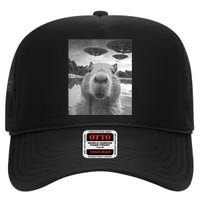 Funny Graphic Capybara Selfie With Ufos Weird High Crown Mesh Back Trucker Hat