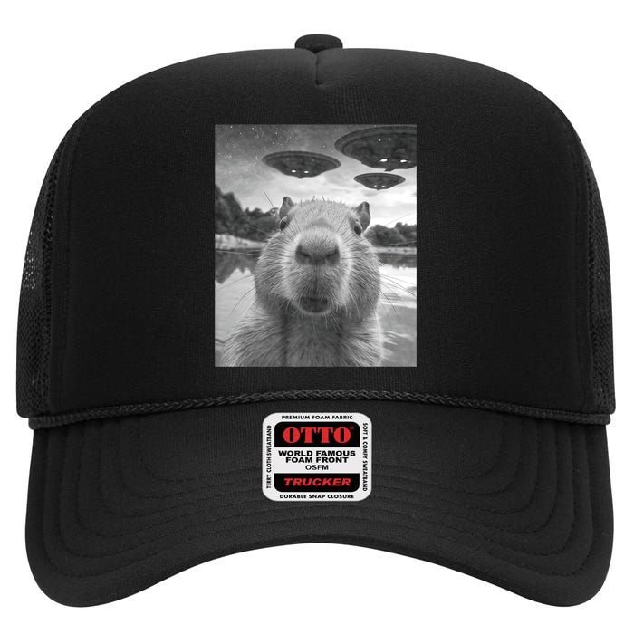 Funny Graphic Capybara Selfie With Ufos Weird High Crown Mesh Back Trucker Hat