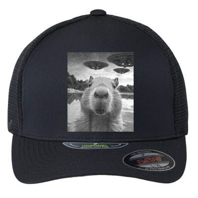 Funny Graphic Capybara Selfie With Ufos Weird Flexfit Unipanel Trucker Cap