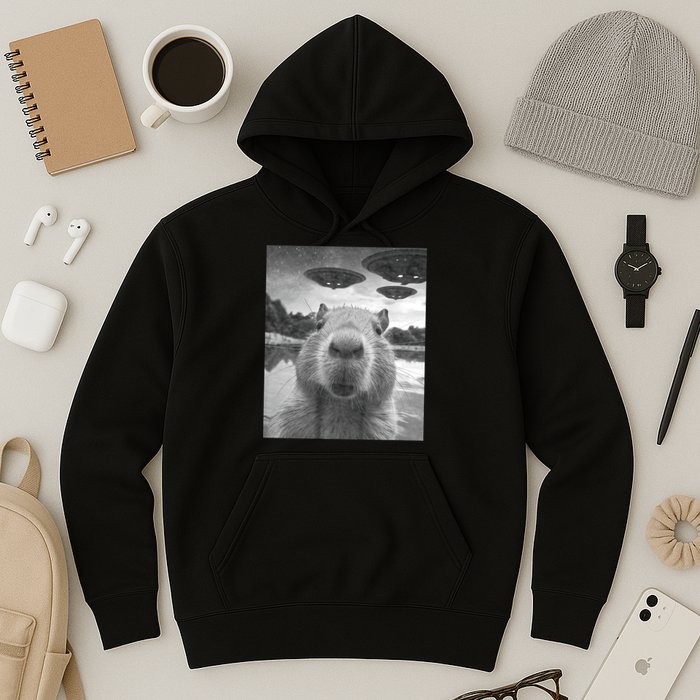 Funny Graphic Capybara Selfie With Ufos Weird Hoodie