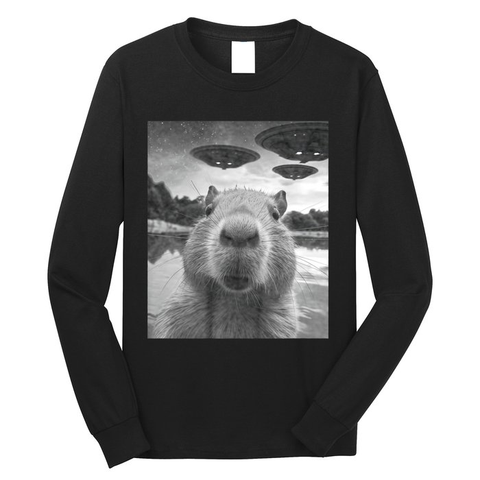 Funny Graphic Capybara Selfie With Ufos Weird Long Sleeve Shirt