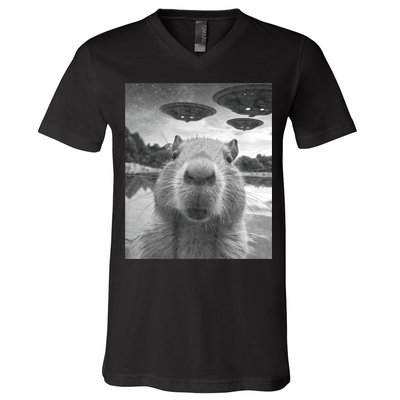 Funny Graphic Capybara Selfie With Ufos Weird V-Neck T-Shirt