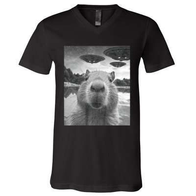 Funny Graphic Capybara Selfie With Ufos Weird V-Neck T-Shirt