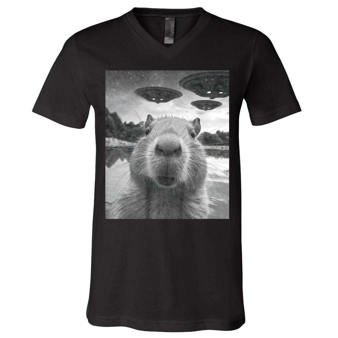 Funny Graphic Capybara Selfie With Ufos Weird V-Neck T-Shirt