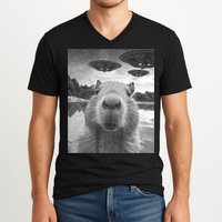 Funny Graphic Capybara Selfie With Ufos Weird V-Neck T-Shirt