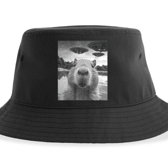 Funny Graphic Capybara Selfie With Ufos Weird Sustainable Bucket Hat