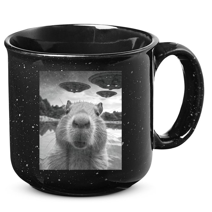 Funny Graphic Capybara Selfie With Ufos Weird 15oz Campfire Ceramic Mug