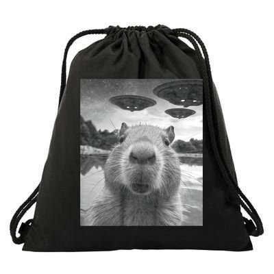 Funny Graphic Capybara Selfie With Ufos Weird Drawstring Bag