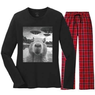 Funny Graphic Capybara Selfie With Ufos Weird Women's Long Sleeve Flannel Pajama Set 